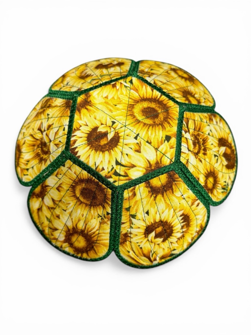 Hand Crafted Basket Bowl Quilted 8” round x 3” tall Sunflower with Green Trim - Picture 4 of 10